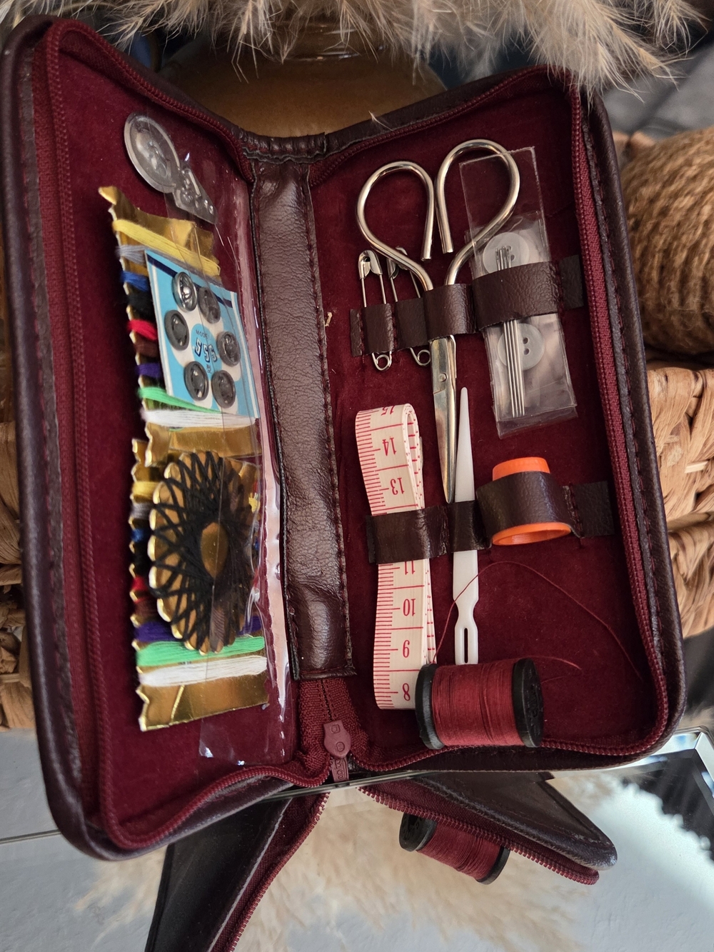 Vintage 80s Oxblood Travel Sewing Kit Case Scissors Thread Notions Complete